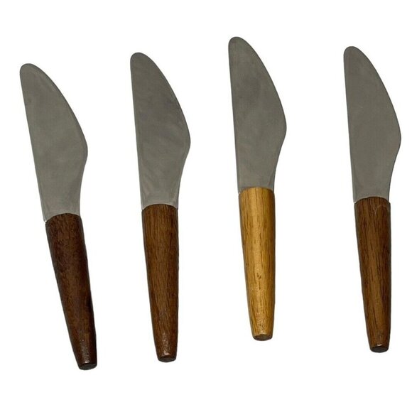 4 Vintage MCM Cheese Knives Stainless Dal USA Wooden Handles - Picture 1 of 7